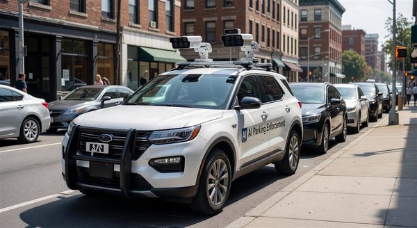AI parking enforcement vehicle with LPR cameras scanning a street