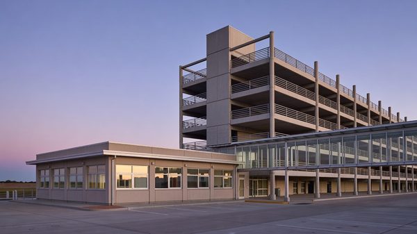 An airport parking exit lane at dusk with overhead camera gantries and no barrier arm