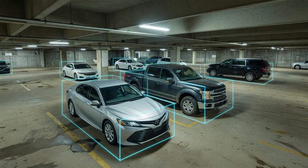 Computer vision analytics overlay on parking facility camera view