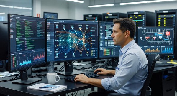 IT security professional monitoring network dashboard for connected parking system infrastructure