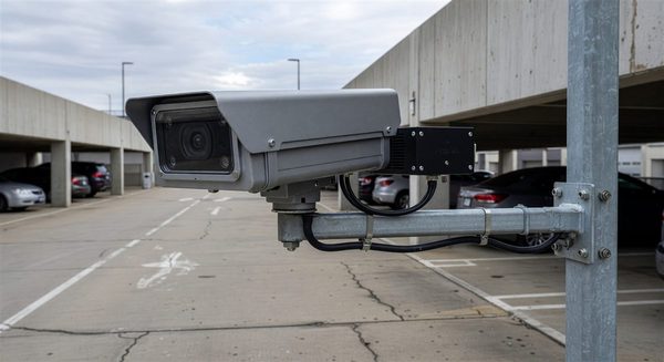 LPR camera housing with onboard edge AI processor mounted above garage lane