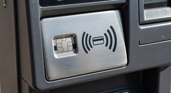 Close-up of EMV chip card and contactless tap symbol on a parking pay station terminal