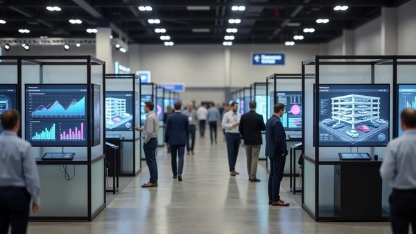 Parking technology expo floor with vendor booths and display screens