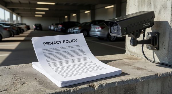Privacy policy document next to a parking LPR camera
