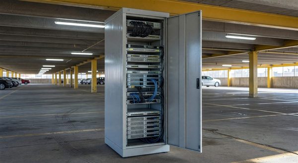 Network equipment cabinet in a parking facility