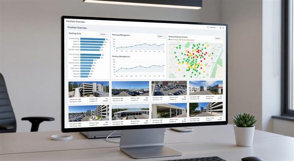 Multi-facility parking management dashboard showing portfolio overview