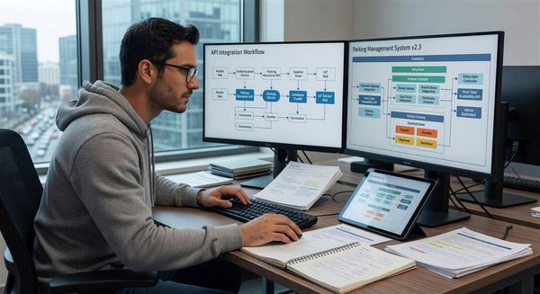 Developer reviewing API integration diagram for parking management system on dual monitors