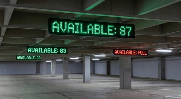 LED parking guidance signs showing available spaces in a parking garage
