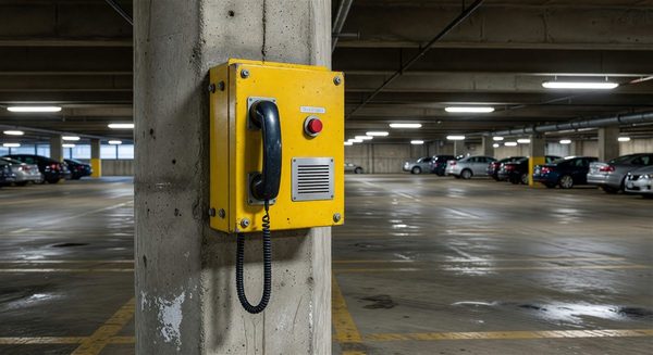 Parking intercom help station mounted on a column inside a parking garage