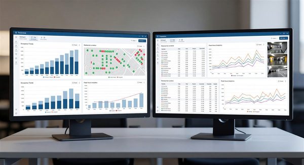 Side-by-side comparison of parking management software dashboards on dual monitors