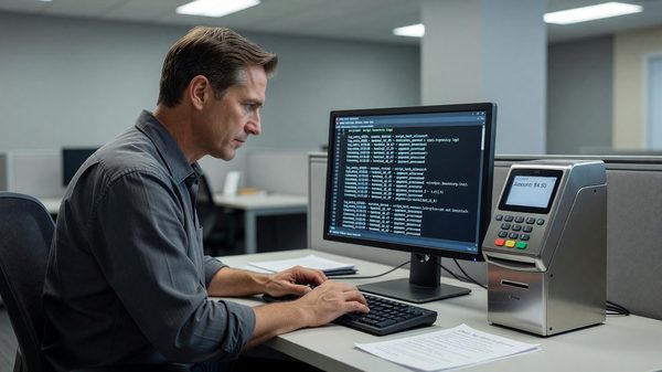 Security analyst reviewing script inventory logs on a monitor next to a parking payment terminal