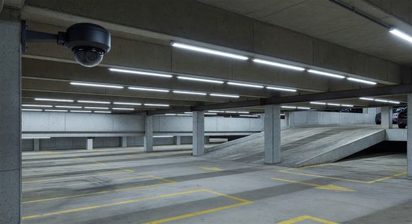 Security camera and bright LED lighting in a well-monitored multi-level parking structure
