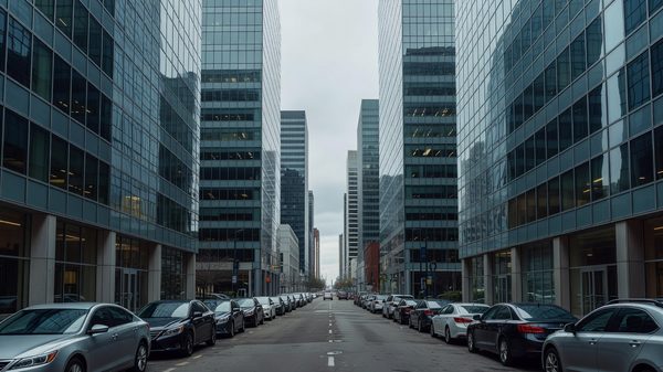 Downtown street lined with high-rise buildings seen from a vehicle at street level