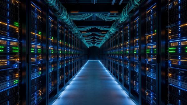 Server room aisle with racked equipment and status lights in a data centre