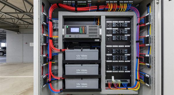 Rack-mounted UPS units and battery strings inside a parking facility electrical room